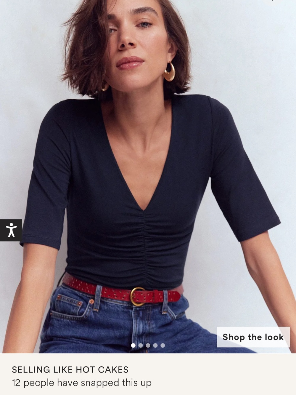 Boden Navy V-Neck Ruched Short Sleeve Top